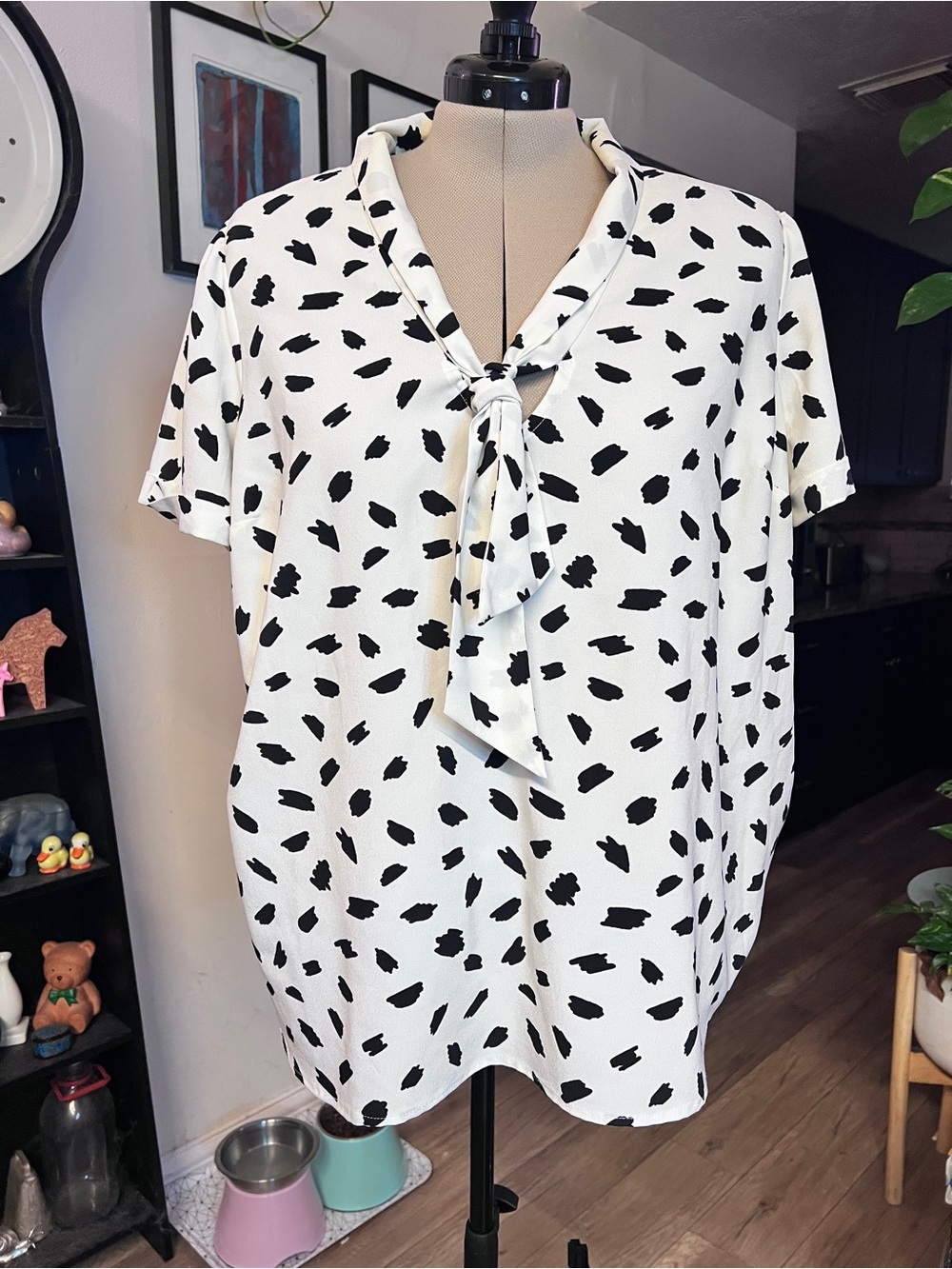 ModCloth Black and White Spot Tie-Neck Top